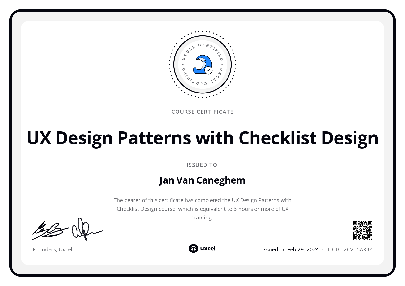 Jan Van Caneghem's certificate